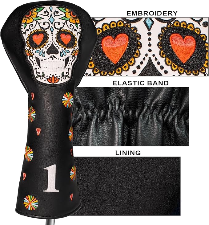 Colorful Skeleton Embroidery Club Covers Driver Headcovers Fairway Wood Cover Hybrid Head Cover Leather 3 Wood Headcover Golf Club Covers for Most Brand.