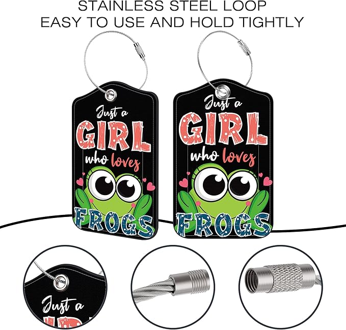 2 Pack Luggage Tags for Suitcase,Cute Frog PU Leather Luggage Tags with Privacy Cover Name Address Labels and Steel Ring,Creative Travel Accessories for Men and Women