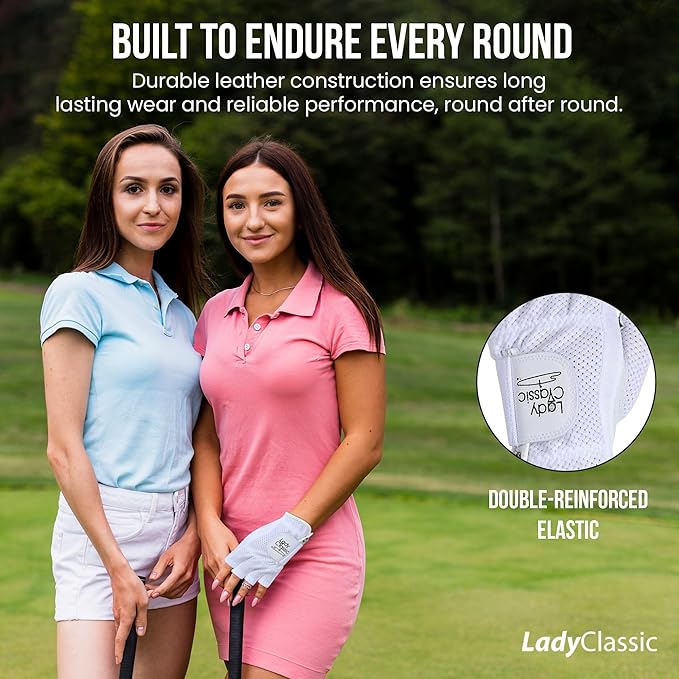 Mesh Half Golf Glove for Women – Premium Cabretta Leather Palm, Breathable Mesh Back, Half-Finger Design Ladies Golf Glove for Enhanced Grip & Comfort