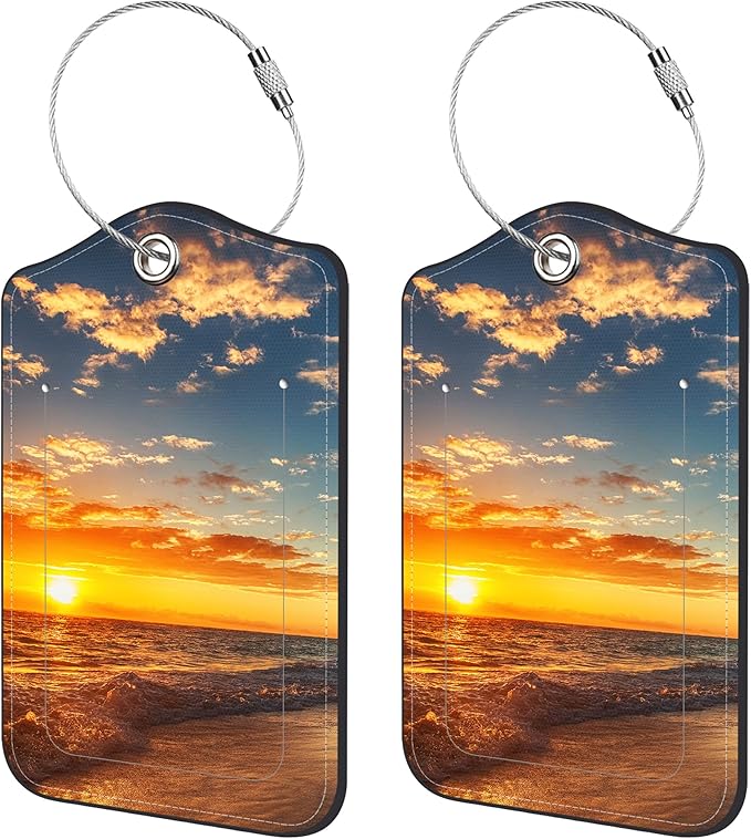 2 Pack Luggage Tags for Suitcase,Sunrise on a Island PU Leather Luggage Tags with Privacy Cover Name Address Labels and Steel Ring,Creative Travel Accessories for Men and Women