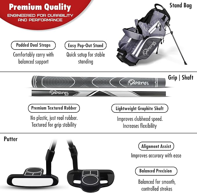 Shorties Golf - Kids Golf Club Set | Perfect for Toddler Golfers and Kids 34"-38" Tall | EasyCarry Stand Bag | Driver, 7-Iron, Putter, Headcover, and Rain Cover