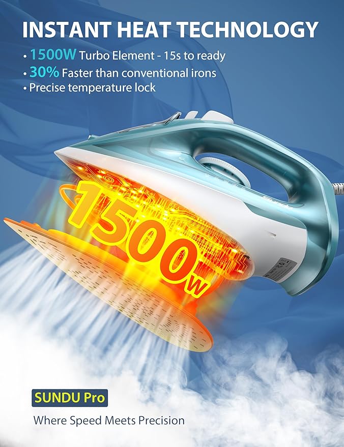 Burst steam Iron for Clothes - 1500W Iron with Ceramic Coated Soleplate, Rapid Heating, Self-Cleaning, Auto-Off, 11.84oz Water Tank, Precise Thermostat, Home Use Green