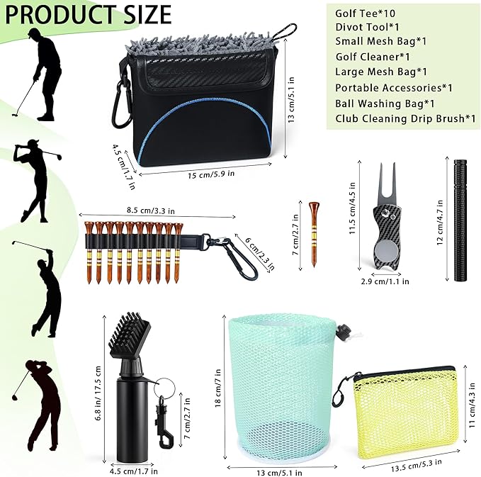 Golf Cleaning Kit Accessories,Golf Club Ball Cleaning Bag,Gift for Christmas,Club Ball Cleaning Bag,Club Brush with Water,Divot Repair Tool,Club Sharpener-Gifts for Men&Women