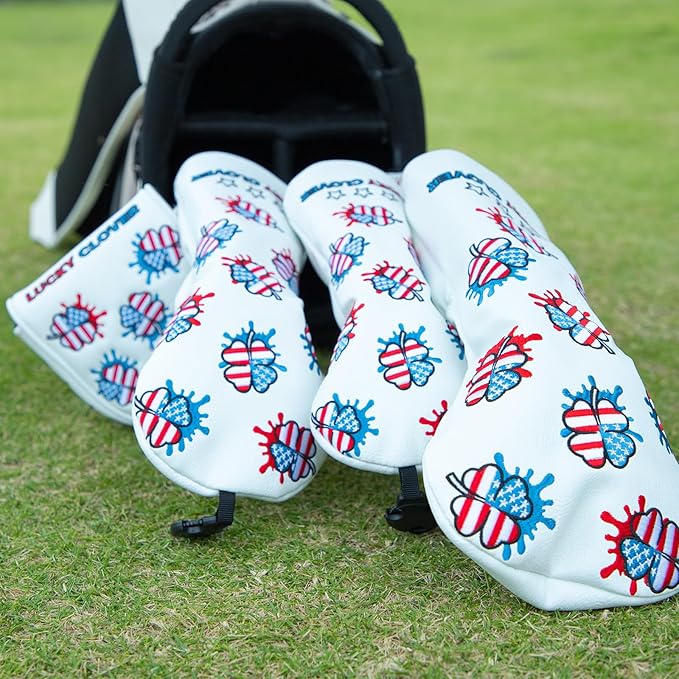 Golf Club Head Covers for Driver Cover, Fairway Wood Cover Hybrid Head Cover, USA Style Premium Leather Golf Headcovers Fits Golf DF3 Putter, Blade Putter Cover, Fits Most of Golf Club Covers