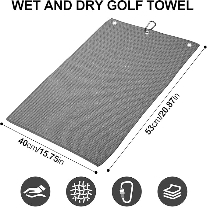 ToVii 2 in 1 Golf Towel, Wet and Dry Tri-fold Microfiber Towel for Cleaning Club and Ball with Clip and Waterproof Inner Barrier