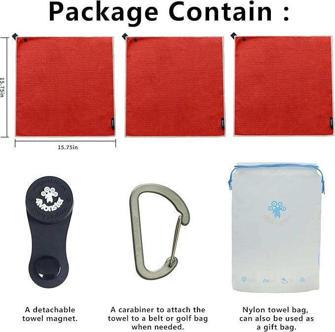 4Monster Golf Towels 3-Pack with Detachable Magnet and Portable Pouch, Quick-Dry Microfiber Golf Towel Set for Golf Bags,Custom Towel Gifts for Men or Women (3, Red)