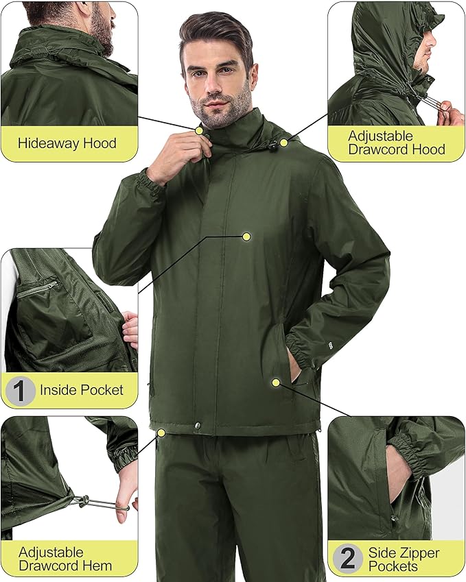 33,000ft Men's Rain Suit Packable Waterproof Lightweight Rain Gear for Golf Hiking Cycling 2 Pieces(Rain Jackets and Pants)