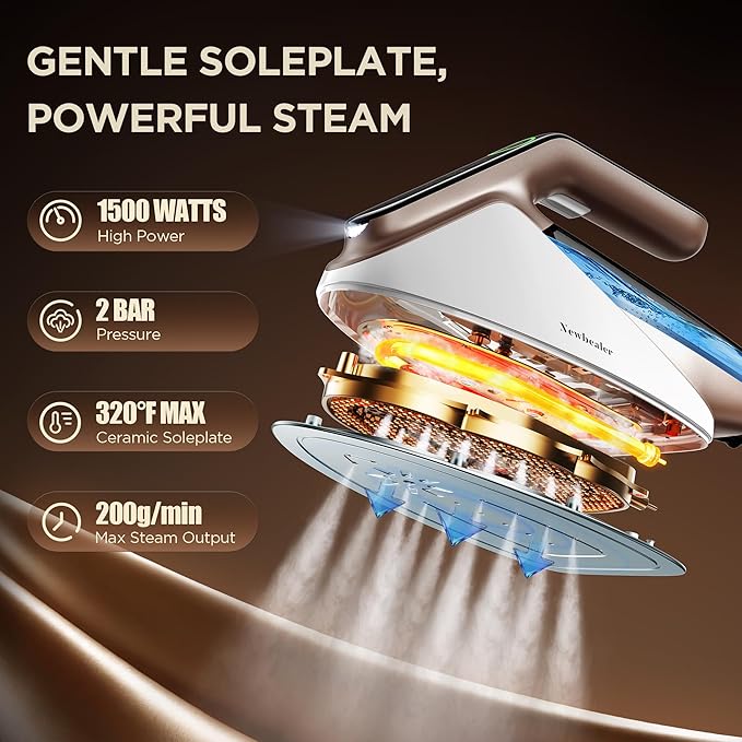 Newbealer Steam Generator Iron, 1500W Turbo Steamer for Clothes, 2 Bar Pressure Clothes Iron, 4 Steam & 4 Dry Heat Modes, Fast Heat-Up, 350ml Detachable Tank, Auto-Off, Self-Cleaning (Gold)