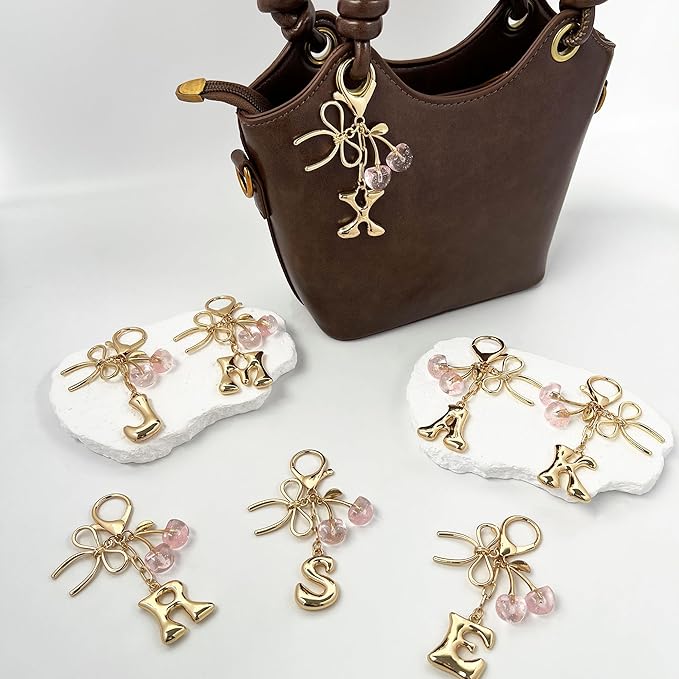 Gold Bubble Heart, Cherry, Bow & More Designs Letter Initial Keychain Bag Charms – Cute Purse Charms for Handbags