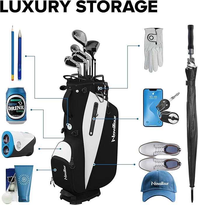 Golf Stand Bag - Lightweight Golf Bag with Stand and 7 Way Dividers, Dual Strap, Waterproof Pocket, Insulated Sleeve, Easy-Lift Handles and Swing-Cam Holder