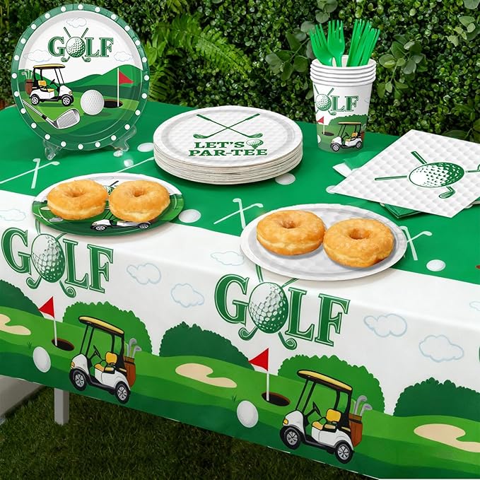 4 Pack Golf Party Tablecloths – Green Gingham Tablecloth and Golf-Themed Plastic Table Covers Disposable Tablecloths for Birthday Outdoor Party Decorations, 54 × 108 Inch