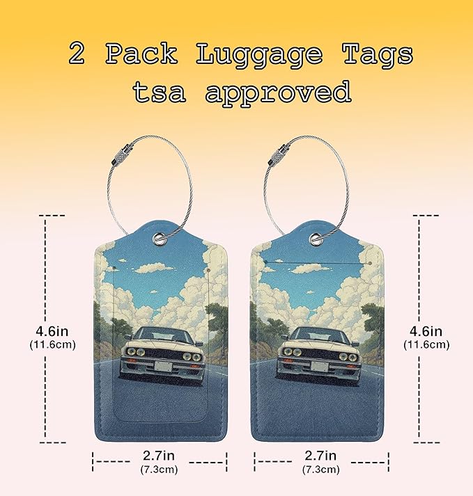 TSA Approved Luggage Tags for Suitcases Cartoon car 2 Pack Funny Leather Carnival Cruise Airport Cute Travel Name Tags Golf Bag tag Ships Essentials Privacy Cover ID Label for Women Men