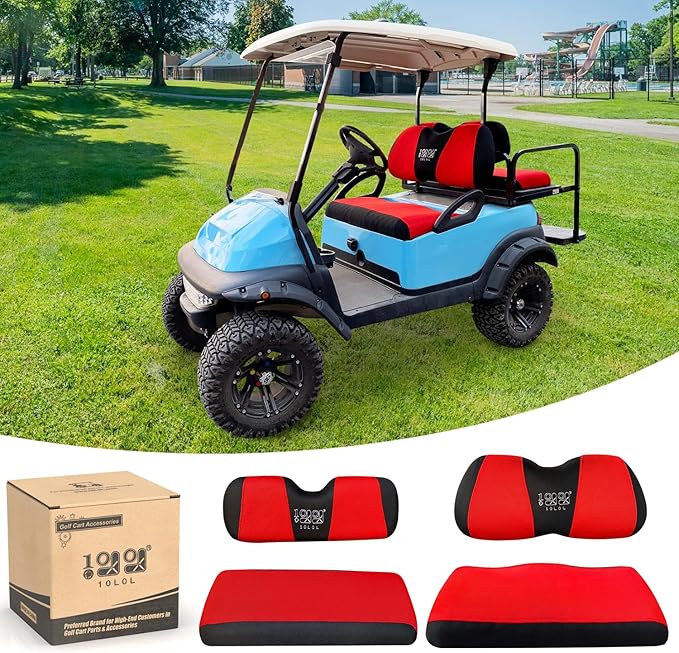 10L0L Golf Cart Front and Rear Seat Cover Set for Club Car DS/Precedent/Onward/Tempo & Yamaha G29 /Drive 2,Stylish 4 Passenger Front Back Seat Covers,Breathable Washable Polyester Mesh (Black/Red)