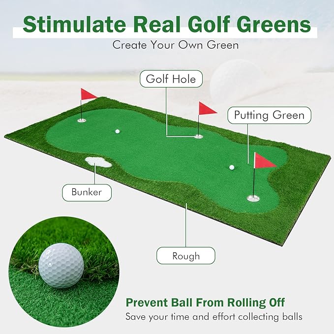 Tangkula 10 FT Golf Putting Green, Large Professional Golf Training Mat with Realistic Artificial Grass Turf, 3 Holes, 3 Flags and Cups for Indoor Outdoor Putting Practice