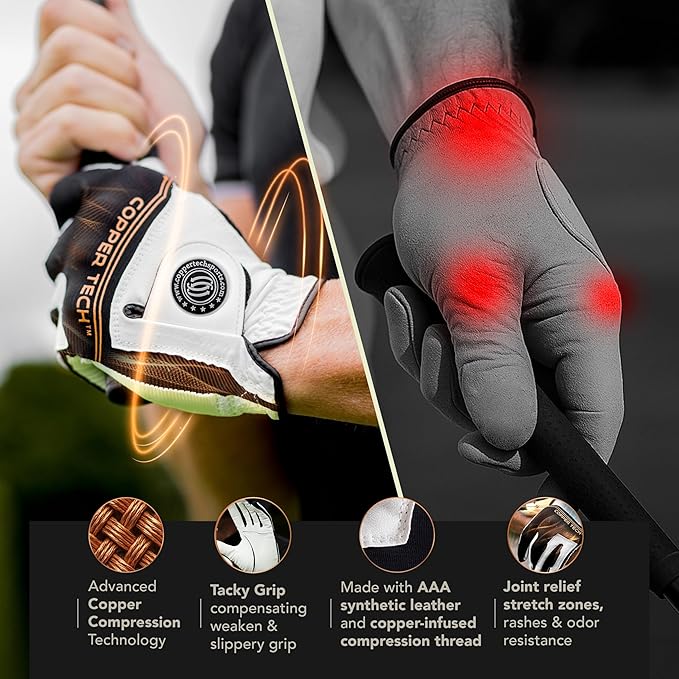 Copper Tech Ladies Golf Gloves Women Right Handed Golfer or Left Handed Golfer 2 Pack | Copper Compression Joint Support with Flexible & Comfortable Fit | AAA Leather & Silicone Tacky Pad