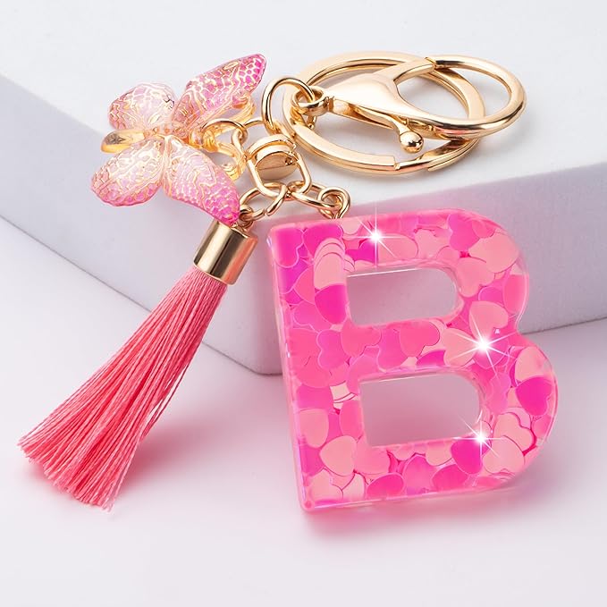 Suweibuke Colourful Cute Initial Letter Keychains for Women Girls with Tassel Butterfly, Charm for Purse Handbags Backpacks