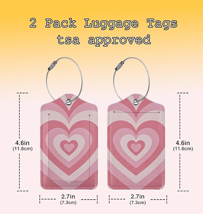 2 PCS Luggage Tags for Suitcase Pink Heart Leather Suitcases Tag with Stainless Steel Loop and Name ID Address Label Privacy Cover for Women Men Travel Luggage Accessories