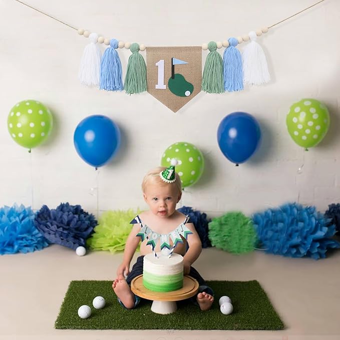 Golf Theme 1st Birthday Tassels High Chair Banner - Green Blue Golf Hole In One First Birthday Decorations