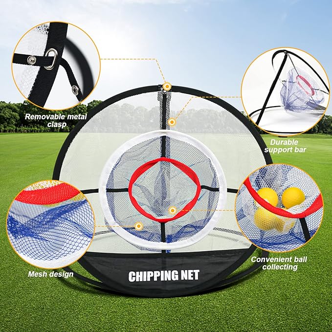 Pop Up Golf Chipping Net & Mat, Target Practice Set - 8 Balls, 4 Tees, Collapsible for Indoor/Outdoor Swing Training