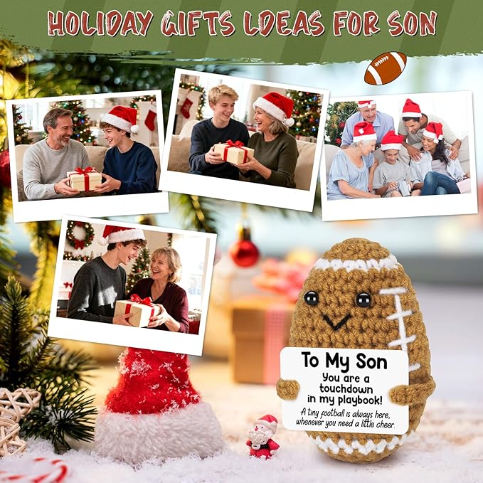 Mini Funny Son Gifts from Mom Dad, Birthday Gifts for Adults Boys Bonus Step, Positive Football Doll Cheer Up Presents with Inspirational Card, Handmade Emotional Crochet Football for Graduation