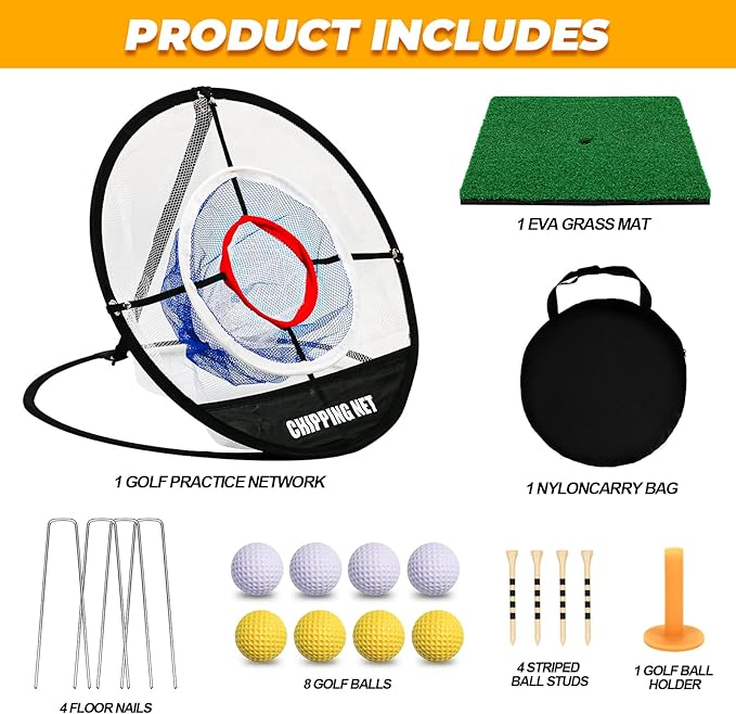 Pop Up Golf Chipping Net & Mat, Target Practice Set - 8 Balls, 4 Tees, Collapsible for Indoor/Outdoor Swing Training