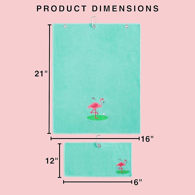 Embroidered Golf Towel Set – Custom Towels for Golf Bags & Carts – Golf Accessories & Gifts for Kids, Men, & Women – Microfiber Waffle and Ball Towels – Flamingo Design - 2-Pack