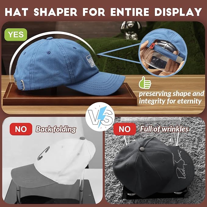 JupDec Hat Display Case, Clear Acrylic Baseball Cap Display Box Stand, UV Protection Signed Hat Transparent Showcase with Solid Wood Base Risers & Hat Shaper, Ideal Gift for Caps Collector