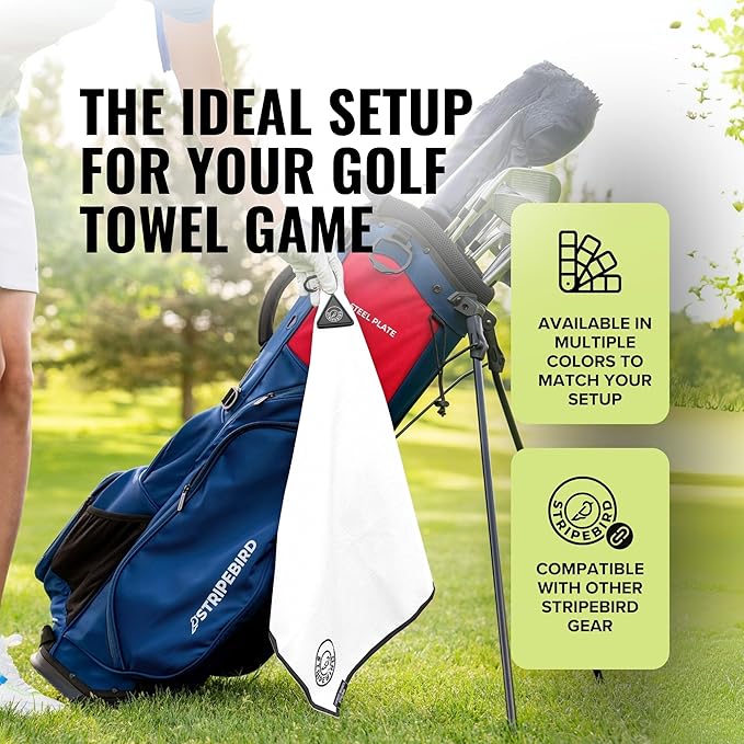Stripebird - Magnetic Golf Towel (White) - Microfiber Golf Towel with Built-in Ultra-Strong Neodymium Magnetic Towel - 18" x 18" Golf Bag Towel