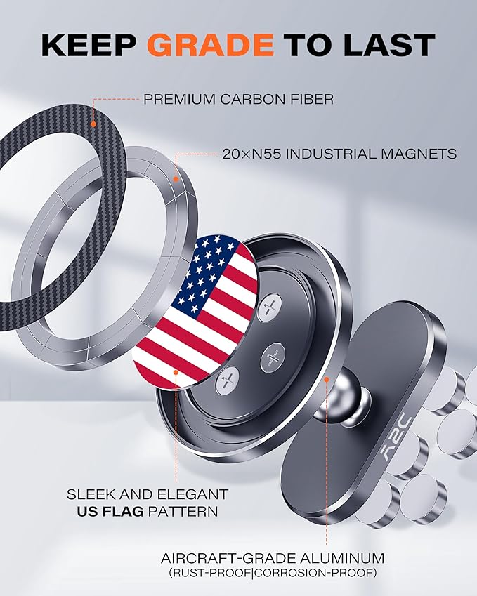 A2C American Flag Alloy Magnetic Golf Cart Phone Holder Compatible with MagSafe iPhone 12-17 Mini Fits EZGO, Club Car, Yamaha, Icon, Golf Accessories for Men Golfers Women Essentials Gift (US Flag)