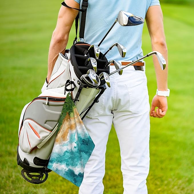 Funny Golf Towel with Carabiner Clip 24"x16" Ocean Beach Golf Towels for Golf Bags Microfiber Waffle Teal Golfs Rag for Disc Balls Clubs Golfs Accessories for Women Mom Dad