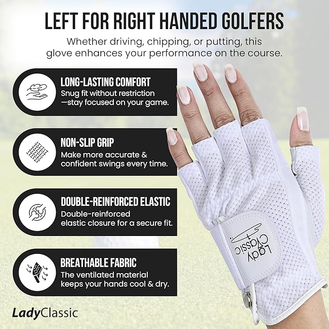 Mesh Half Golf Glove for Women – Premium Cabretta Leather Palm, Breathable Mesh Back, Half-Finger Design Ladies Golf Glove for Enhanced Grip & Comfort