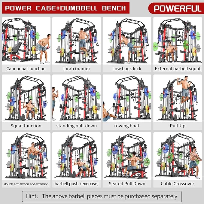 Smith Machine，Multi-Function Squat Rack Power Cage with Cable Crossover System,with Optional Weight Bench, Olympic Barbell Weight Set, for Home Gym