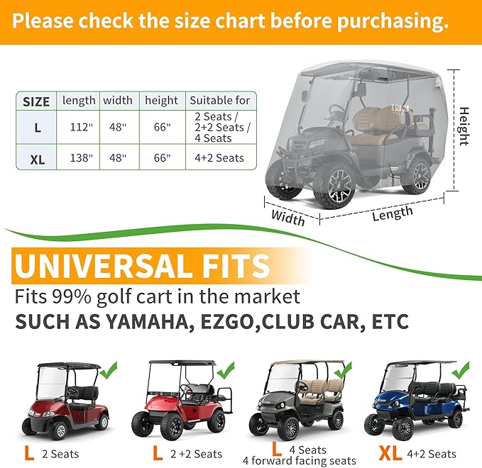 10L0L 2/4/4+2 Passenger Golf Cart Cover Upgrade Extended Roof, 600D Waterproof Snowproof Windproof Sunproof Durable Full Golf Cart Covers for Yamaha,EZGO,Club Car and Other
