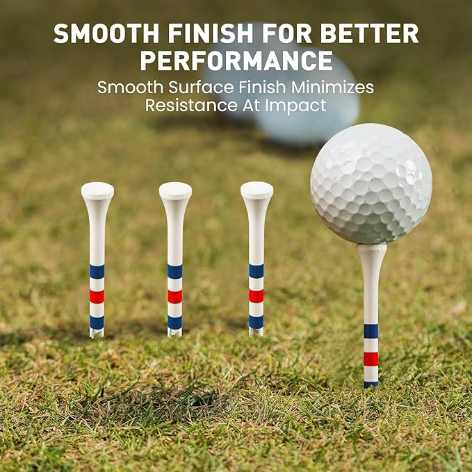 FINGER TEN Golf Tees Wood 3 1/4 2 3/4 Inch Value 50/120 Count, Durable Tees with Bright Colored Stripes for Consistent Height, 70mm 83mm Long Tees Ideal for Golfers