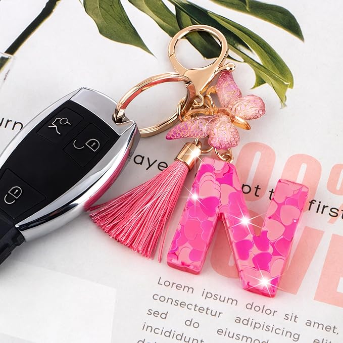 Suweibuke Colourful Cute Initial Letter Keychains for Women Girls with Tassel Butterfly, Charm for Purse Handbags Backpacks