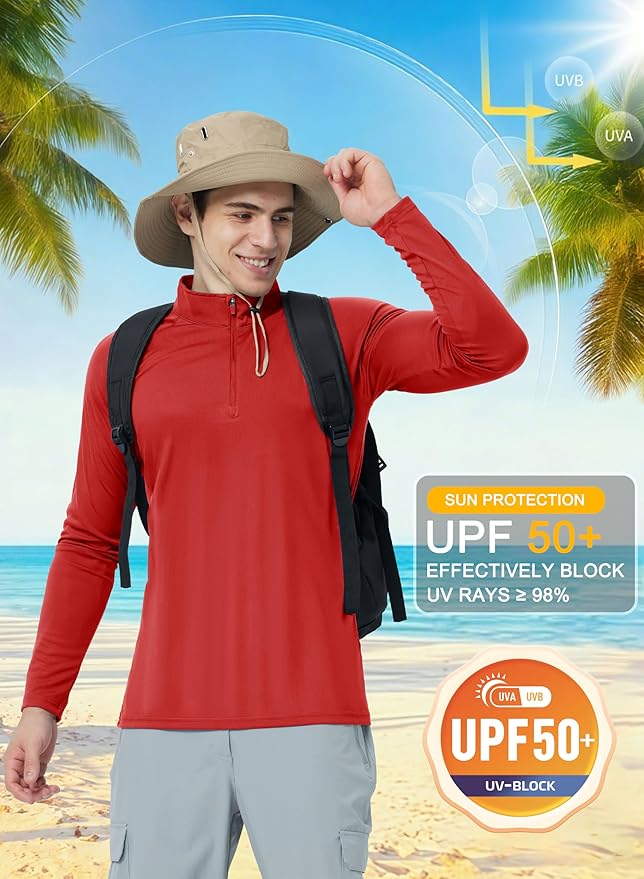 CRYSULLY Men's Long Sleeve 1/4 Zip Shirts Sun Protection Pullover UPF 50+ Rash Guard Running Lightweight T Shirt