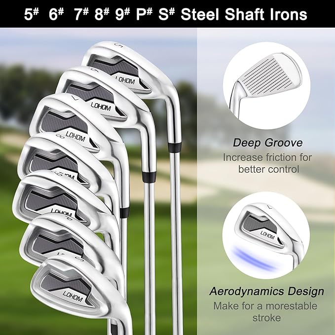 Men's Complete Golf Club Set, 9/11-Piece Right Handed Clubs with 460cc Driver, Fairway Wood, Hybrid & Steel Irons 5-9, P, S, Steel/Graphite Shafts, Black/Charcoal