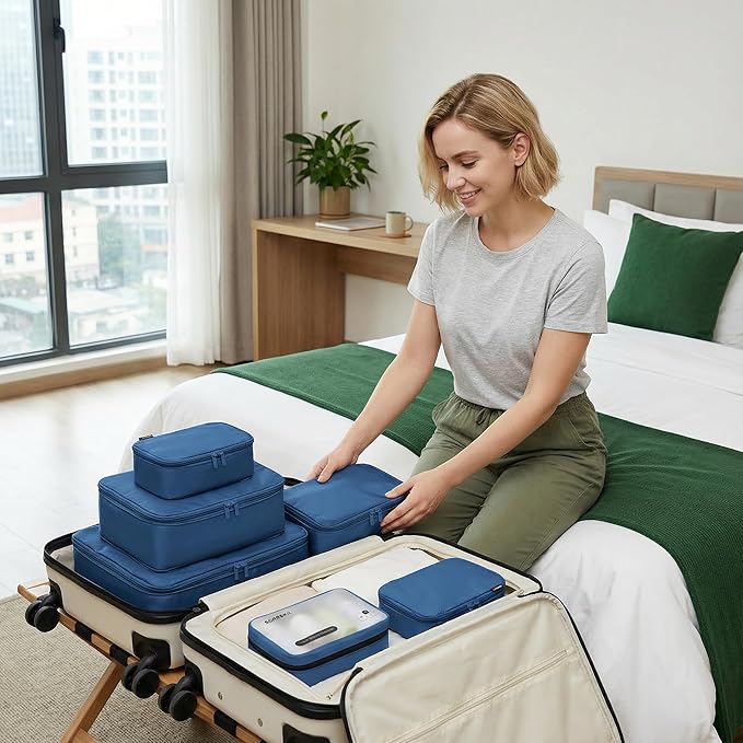 6 Set Compression Packing Cubes for Travel, Large Medium Small Luggage Organizers, Storage Bags for Clothes and Essentials (6 Pack, Dark Blue)