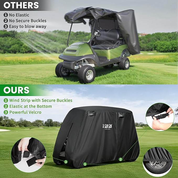 10L0L Golf Cart Cover 2/4/4+2 Passenger for Yamaha EZGO Club Car, Heavy Duty 420D Waterproof Windproof Durable Polyester Golf Cart Cover with 3 Zipper Doors for All-Weather Protection (Black/Silver)