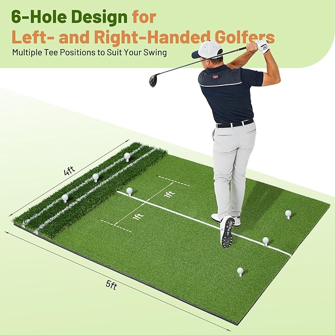 Dual Turf Golf Mat 5 * 4FT,Golf Hitting Mats Practice Outdoor/Indoor for Training Chipping Driving Swing,High-Density Artificial Turf Matt with Alignment Line for Men Dad Golfer