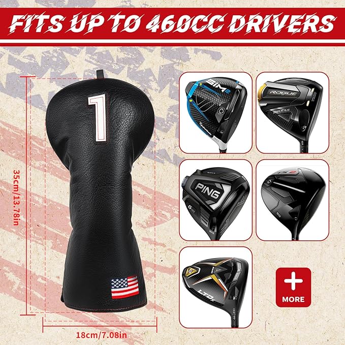 Golf Head Covers, American Flag Patriotism Golf Club Cover for Woods and Driver, Fairway, Hybrid - Premium Leather Golf Club Head Covers with Interchangeable Tags
