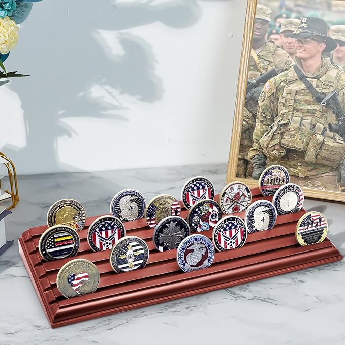 PiaoHao 6 Row Military Challenge Coin Display Case - Natural Solid Wood Stand Holds 30-45 Coins - Army Police Collectors Holder