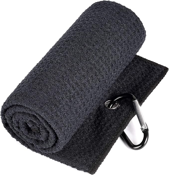 Mile High Life Microfiber Waffle Pattern Golf Towel | Club Groove Cleaner Brush | Foldable Divot Tool with Magnetic Ball Marker (Black Towel/Brush/Fish Divot)