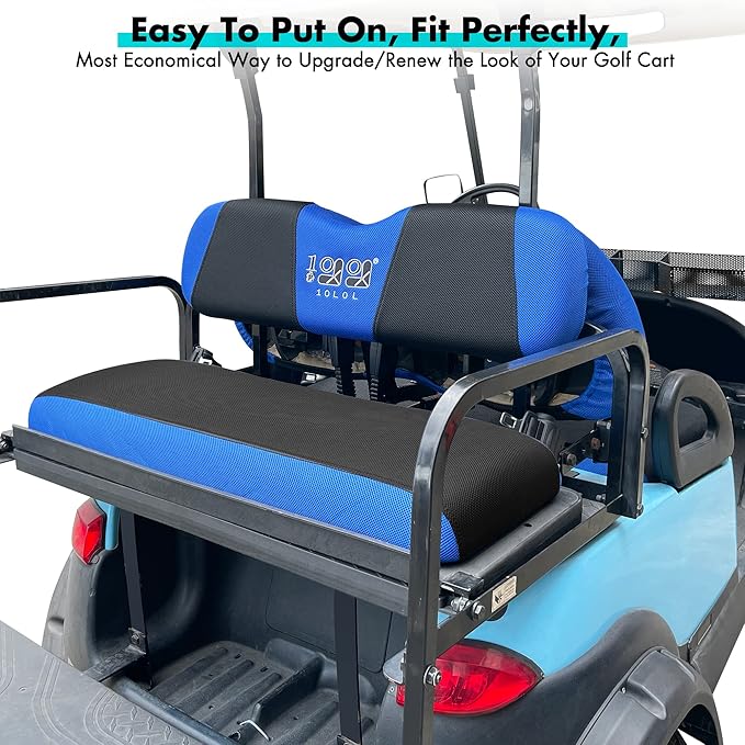10L0L Golf Cart Front and Rear Seat Cover Set for Club Car Precedent/Onward/Tempo & Yamaha G29 Drive/Drive 2,Stylish 4 Passenger Front Back Seat Covers,Breathable Washable Polyester Mesh (Black/Blue)