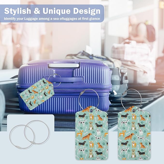 2 Pack Luggage Tags,Leather Suitcase Tags with Privacy Cover Name Address Labels& Durable Steel Loop for Men/Women Travel Bag Suitcases(Cute Dog)