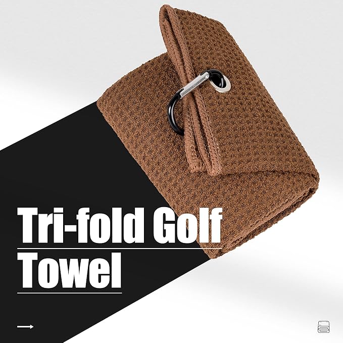 Mile High Life Tri-fold Golf Towel | 16" X 24" | Premium Microfiber Fabric | Waffle Pattern | with Heavy Duty Carabiner Clip | for Men and Women (Brown)
