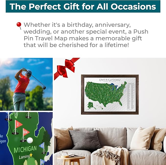 Push Pin Travel Maps Customizable Wall Art - Top Golf Courses USA Map - Solid Wood Brown - Framed Pin Map, Includes 150 Pins - Handcrafted in USA - 27.5" x 39.5"