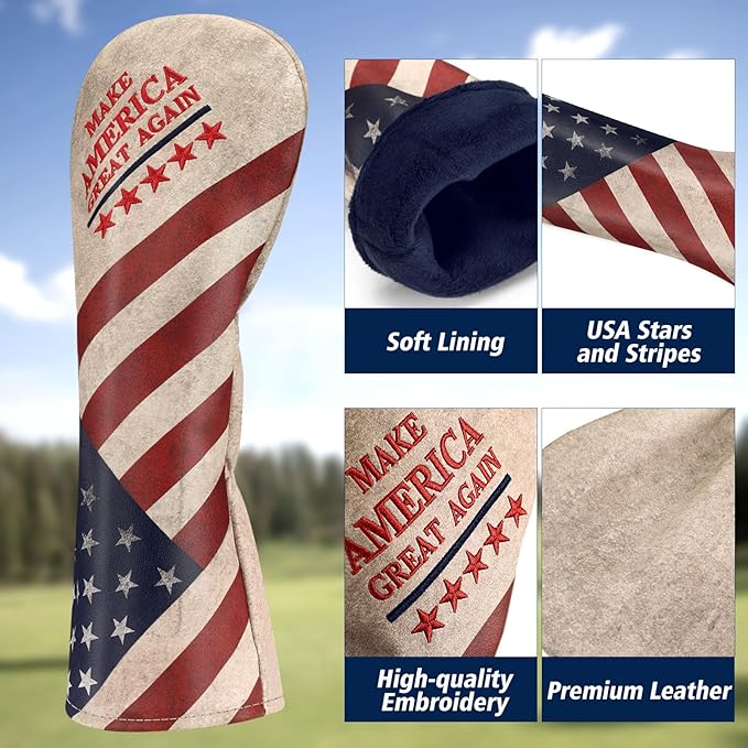 Golf Club Head Cover, Premium Leather Elegant Embroidery Fairway Wood Headcover Interchangeable No. Tags 3 4 5 7 X, Mallet Putter Cover with Magnetic Closure