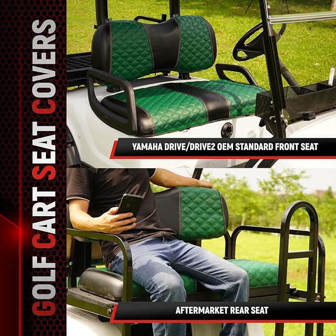 Golf Cart Seat Covers Front and Rear Waterproof and Sun Resistant Marine Grade Vinyl Leather Seat Cover Accessories for Yamaha Drive 2007-2016/Drive 2 2017+, Green(4PCS)