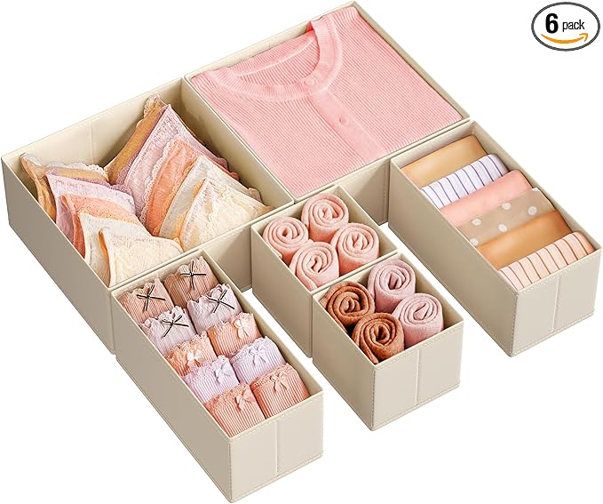 SONGMICS Drawer Organizer, Dresser Drawer Organizers, Set of 6, Foldable Fabric Storage Bins for Socks, Underwear, Bras, Ties, Scarves, Surmmer Sand URDZ006Y01